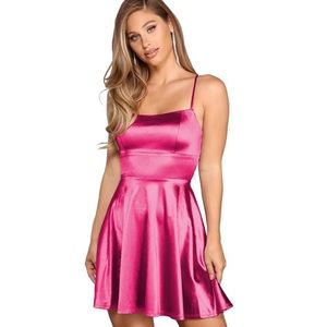 HOT PINK Spaghetti Straps Prom Dresses with Pockets Satin Homecoming Dress